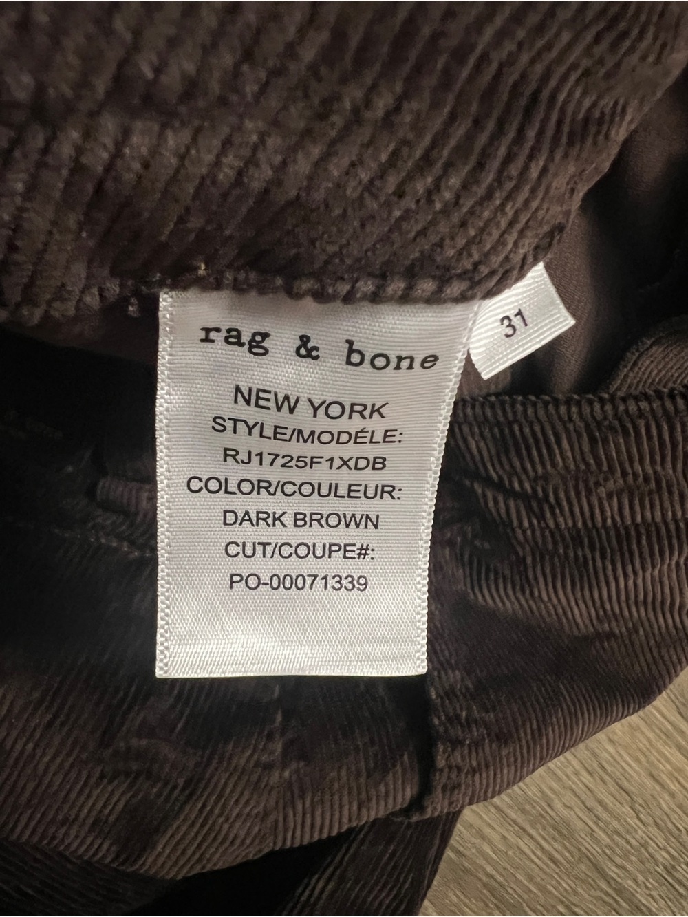 Rag & Bone Charlie Ankle Barrel Corduroy Pants Dark Brown Size 31 - Picture 9 of 11